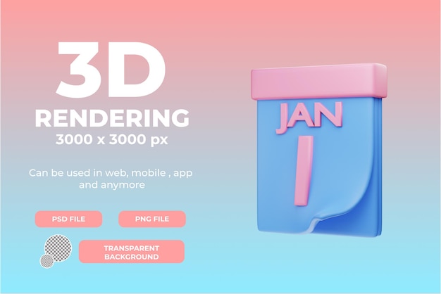 3d-rendering kalender 1 januari 2022 illustratie object met transparante achtergrond