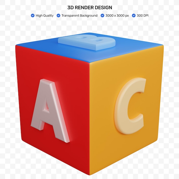 PSD 3d-rendering kleurrijk speelgoed blok abc geïsoleerd