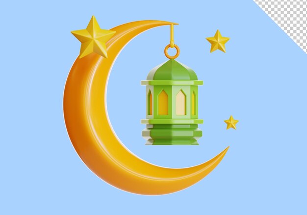 PSD 3d rendering of a lantern and a crescent moon with stars for ramadan and eid alfitr celebration