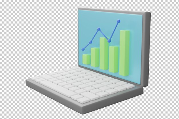 3D rendering laptop computer with a rising bar graph