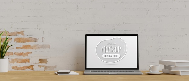 3D rendering of laptop mockup screen in office workspace