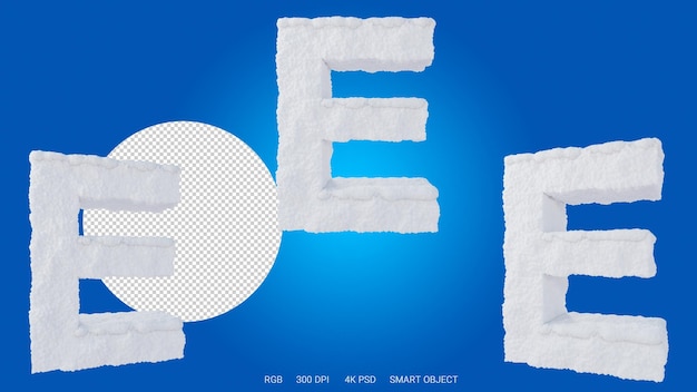 3d rendering of the letter E in the shape and style of a snow on a transparent background