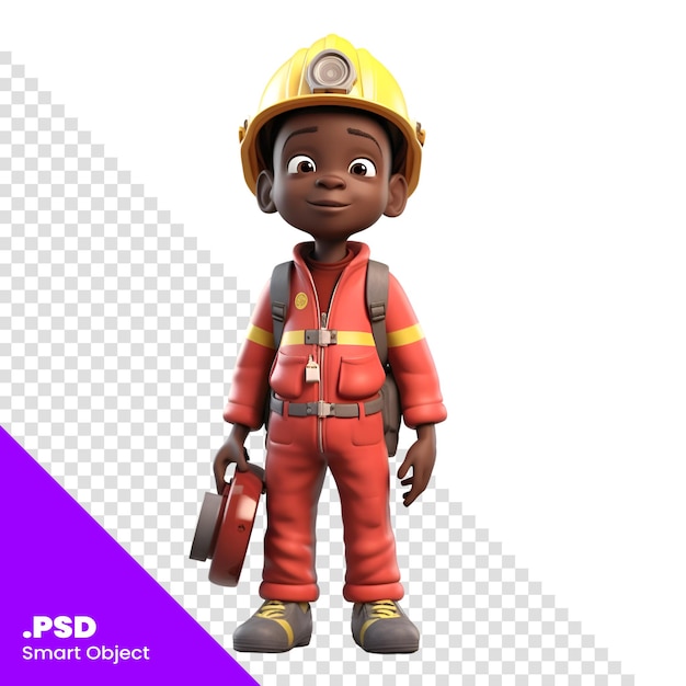 3d rendering of a little african firefighter isolated on white background psd template