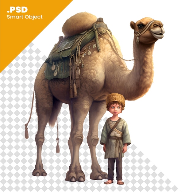 Rendering 3d di un ragazzino e un cammello isolati su sfondo bianco modello psd