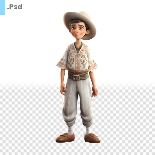 PSD 3d rendering of a little boy dressed as a cowboy isolated on white background psd template