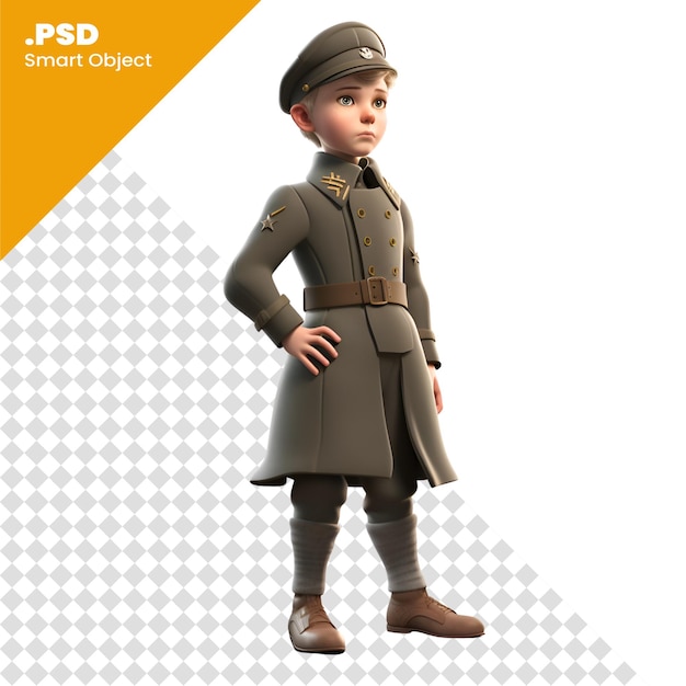 Rendering 3d di un ragazzino vestito da soldato sovietico isolato su sfondo bianco modello psd