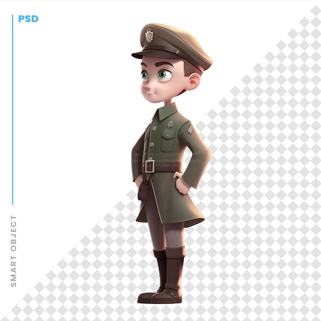 PSD rendering 3d di un ragazzino vestito da soldato della seconda guerra mondiale