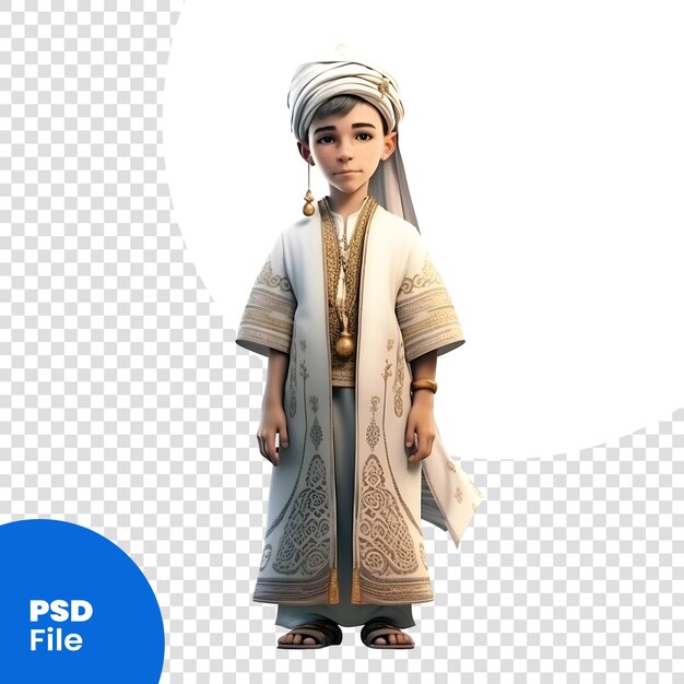 PSD rendering 3d di un ragazzino che indossa un turbante e un modello psd di kurta