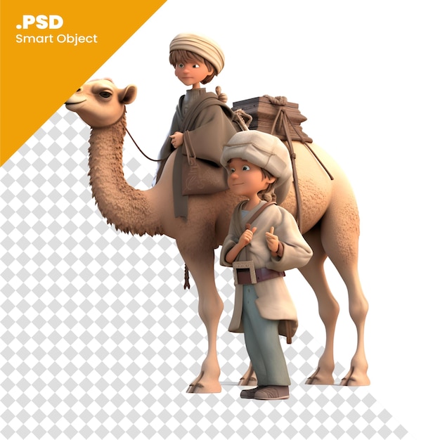 PSD 3d rendering of a little boy with a camel and his mother psd template