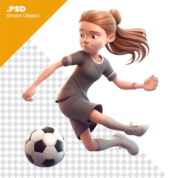 PSD rendering 3d di una bambina che gioca a calcio isolata su sfondo bianco modello psd