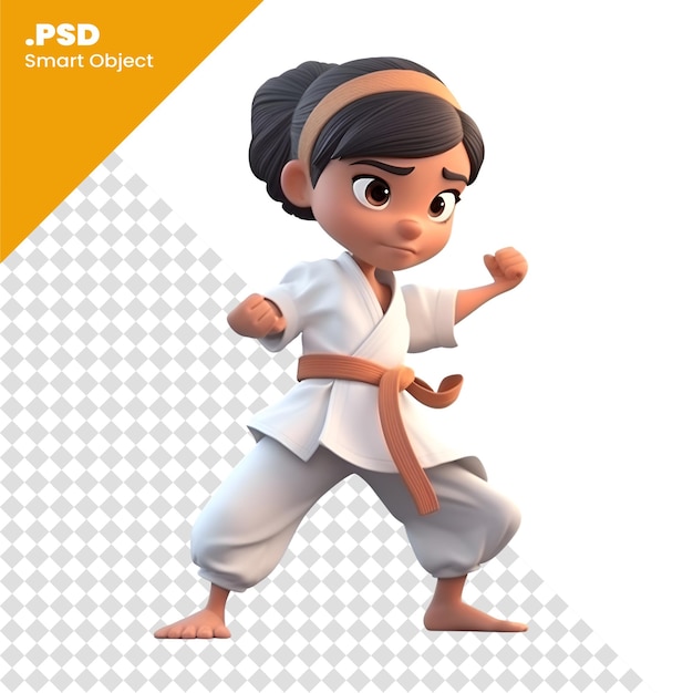 PSD 3d rendering of a little girl practicing karate isolated on white background psd template