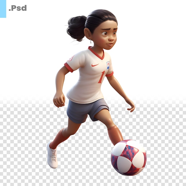 PSD rendering 3d di una bambina che corre con una palla da calcio isolata su sfondo bianco modello psd