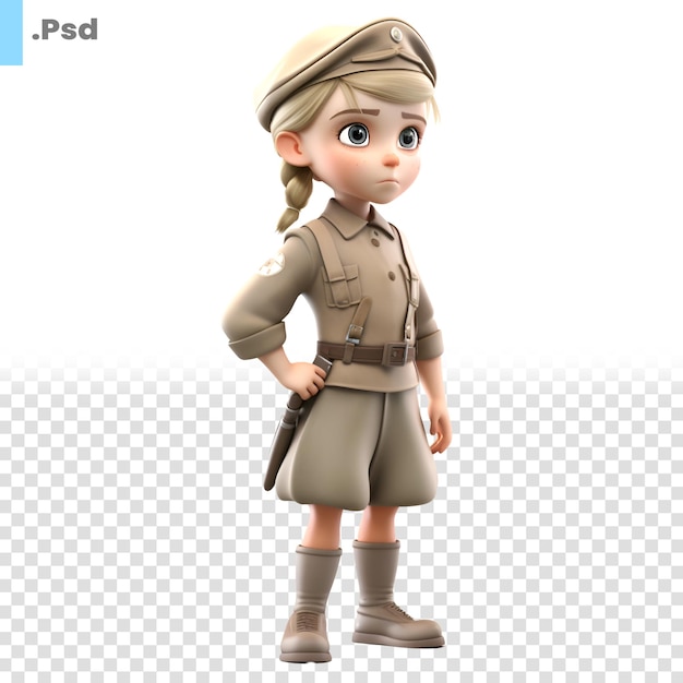 PSD 3d rendering of a little girl wearing a ww2 military uniform psd template