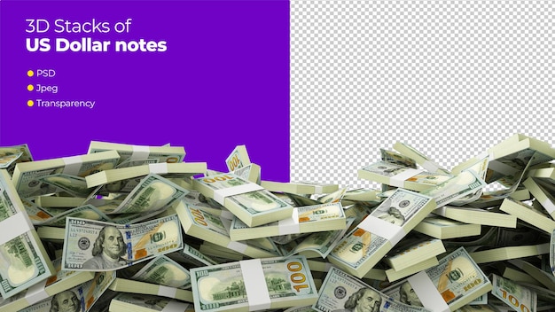 3D rendering of A lot of stacks of 100 US dollar notes spread at the on bottom of screen