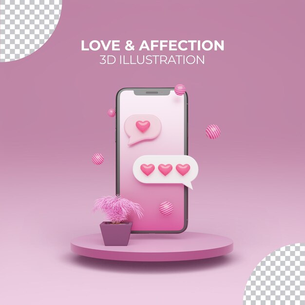 Rendering 3d illustrazione di amore e affetto con smartphone sul podio