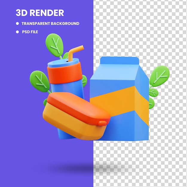 3d rendering of lunch box icon illustration, back to school