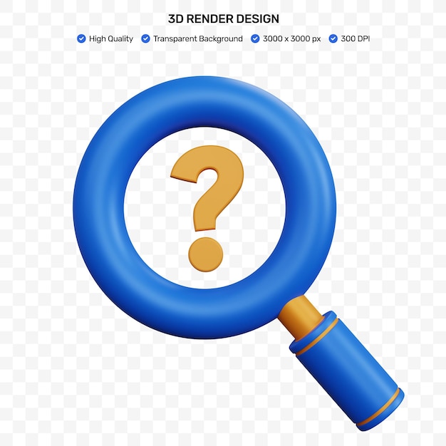 3d rendering magnifying glass with question mark icon symbol isolated