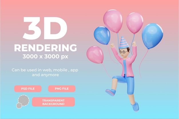 PSD rendering 3d personaggio maschile 2022 e oggetto illustrazione palloncini con sfondo trasparente