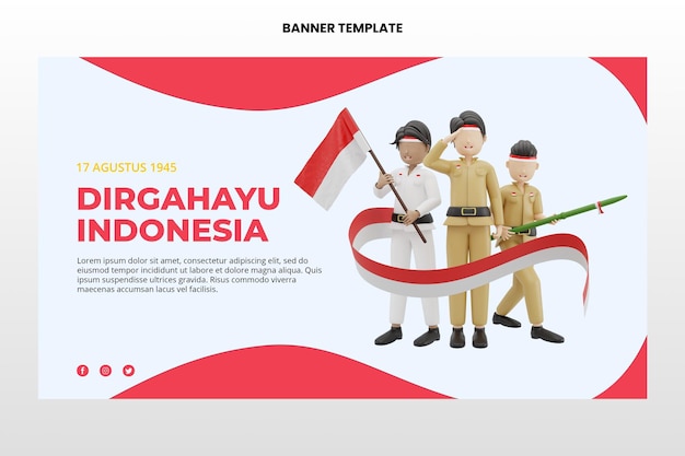 Personaggio maschile di rendering 3d che celebra il modello di banner di indipendenza indonesiana psd premium