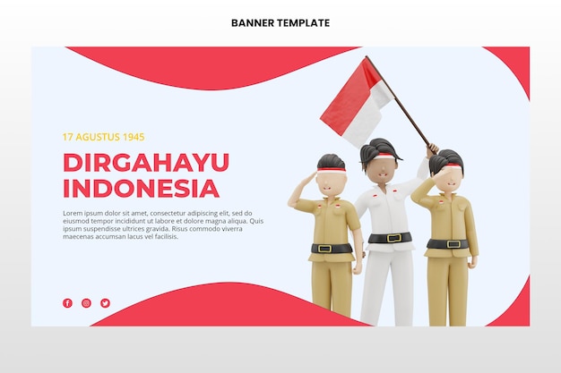 3d rendering male character celebrating indonesian independence banner template  premium psd