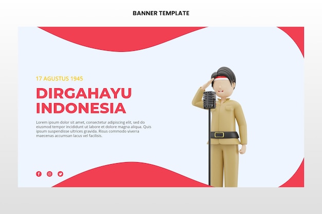 Personaggio maschile di rendering 3d che celebra il modello di banner di indipendenza indonesiana psd premium