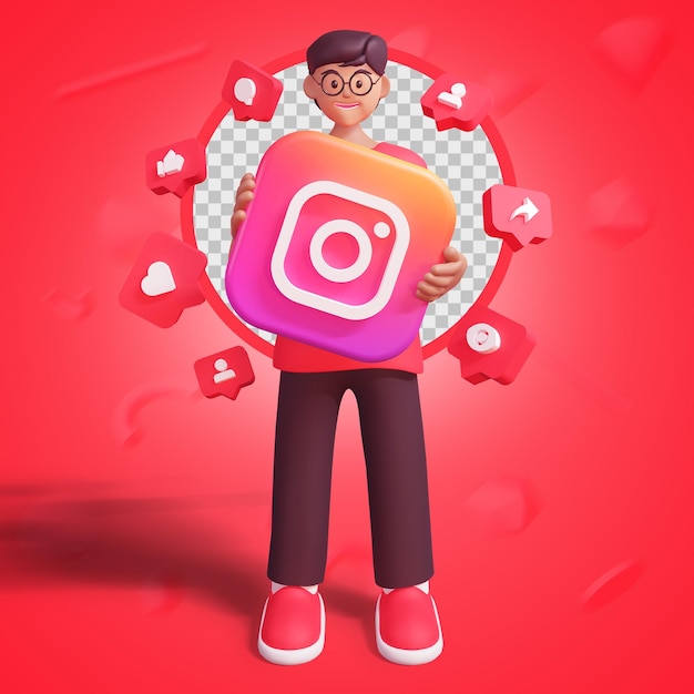 PSD rendering 3d di un personaggio maschile con logo instagram