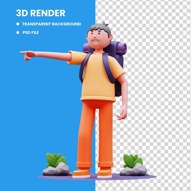 3d rendering of male traveler character illustration holding a bag while showing directions