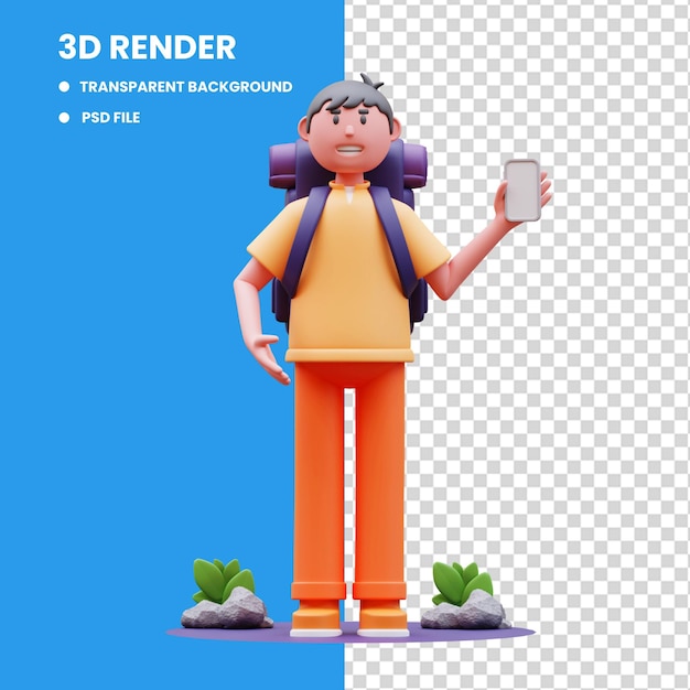 3d rendering of male traveler character illustration holding a bag while showing his cell phone