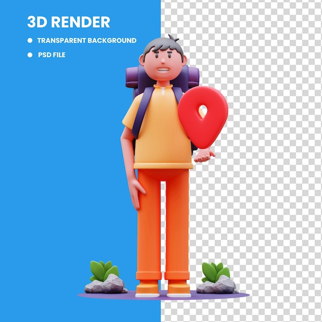 3d rendering of male traveler character illustration holding location pin