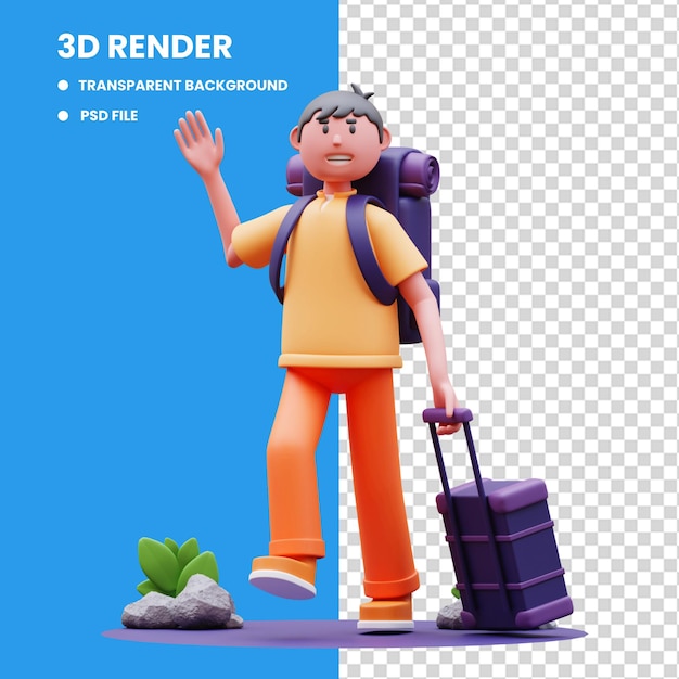 PSD 3d rendering of male traveler character illustration walking while waving and carrying luggage