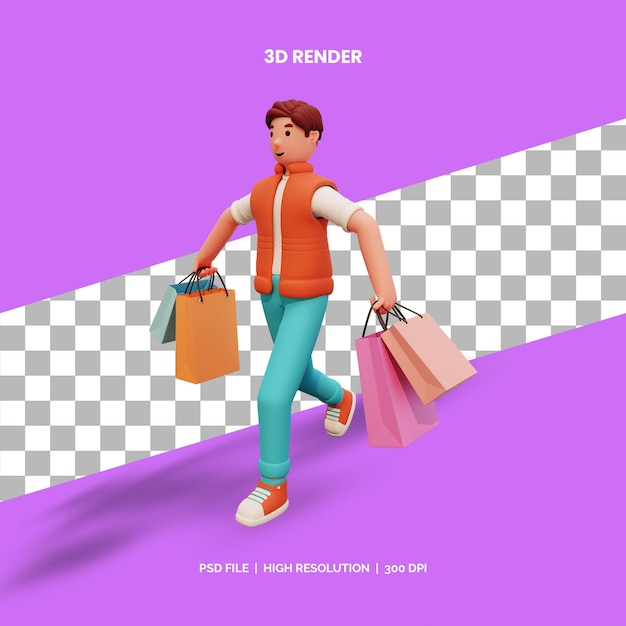 3d rendering male walking for shopping with shopping bag