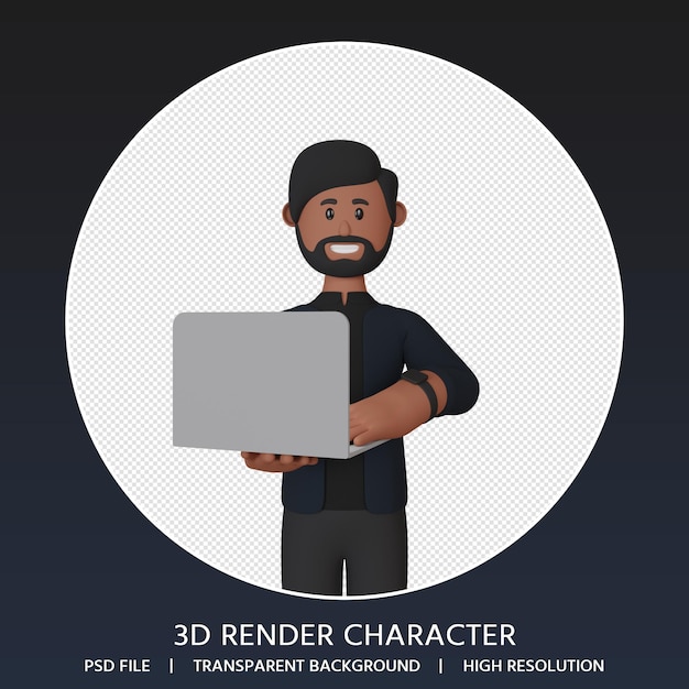 Personaggio uomo rendering 3d con laptop