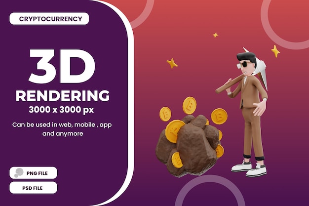 PSD bitcoin 그림을 마이닝 3d 렌더링 남자