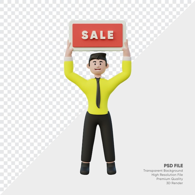 PSD 3d rendering a man raising a sale board