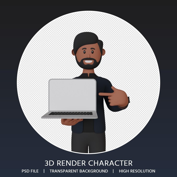 PSD 3d rendering man showing screen of laptop