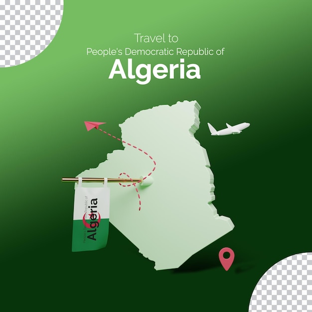 플래그 및 여행 아이콘 알제리의 3d 렌더링 지도