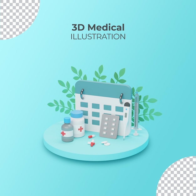 3D-rendering Medische apparatuur en reclame Post met een kalender