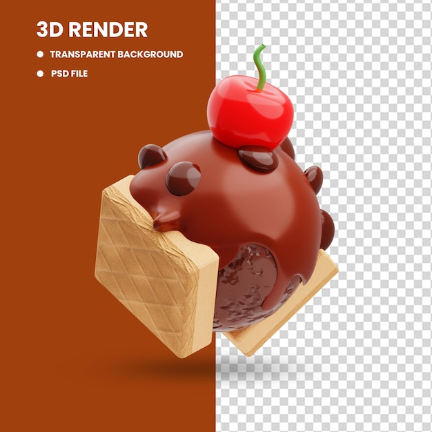 3d rendering of melted chocolate ice cream sandwich icon illustration with cherry on top