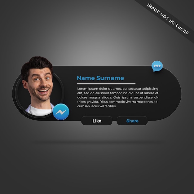 3d-rendering messenger-profiel met knoppen zoals en delen