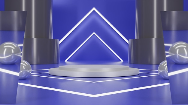 3d rendering metallic white podium on blue background