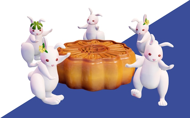 3d rendering midautumn festival moon rabbit dancing around mooncakes