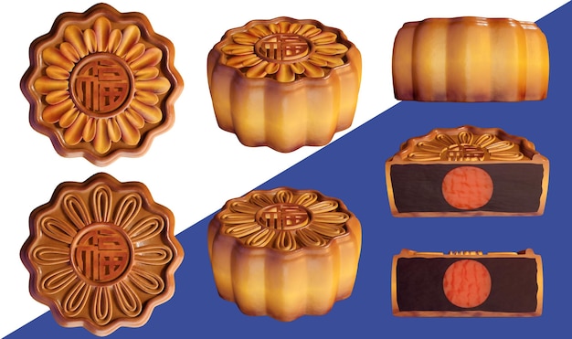 中秋節の伝統的な点心月餅の 3 D レンダリング、さまざまな月餅のセット