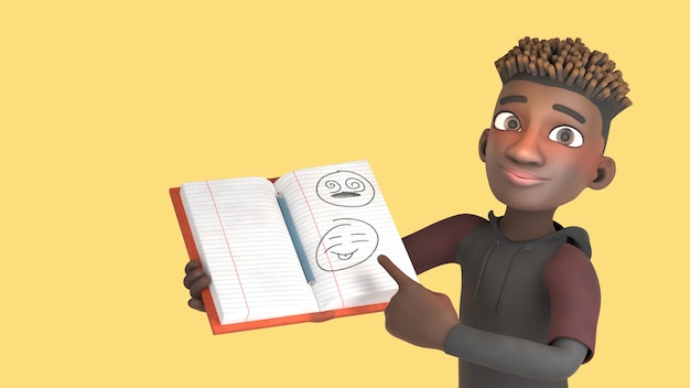 3d rendering of mike pointing to notebook