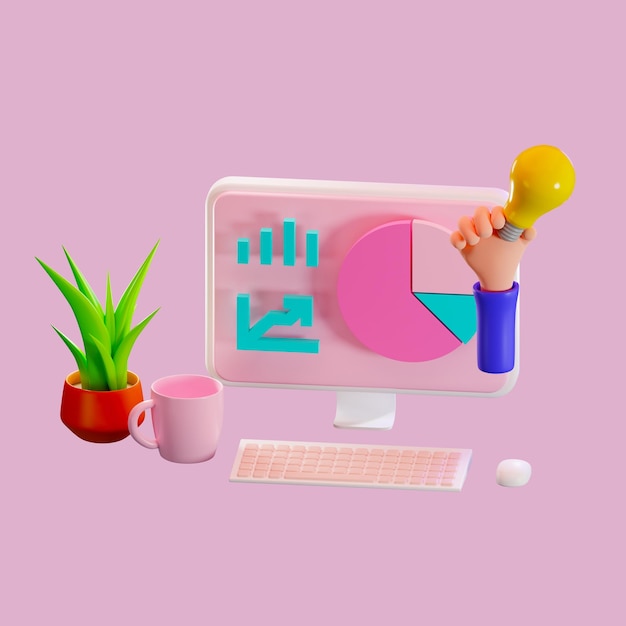 3d rendering of minimal computer on display for mockup and plant on pink pastel background