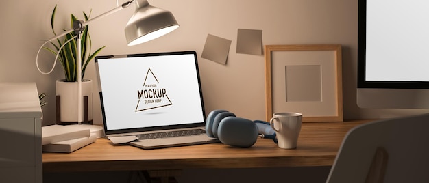 3D rendering minimal workspace with mockup laptop computer