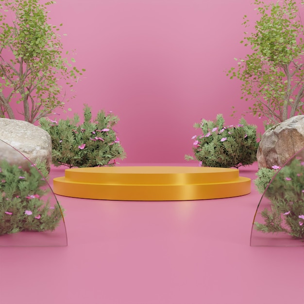 3D rendering minimalist gold podium on pink background. Realistic render