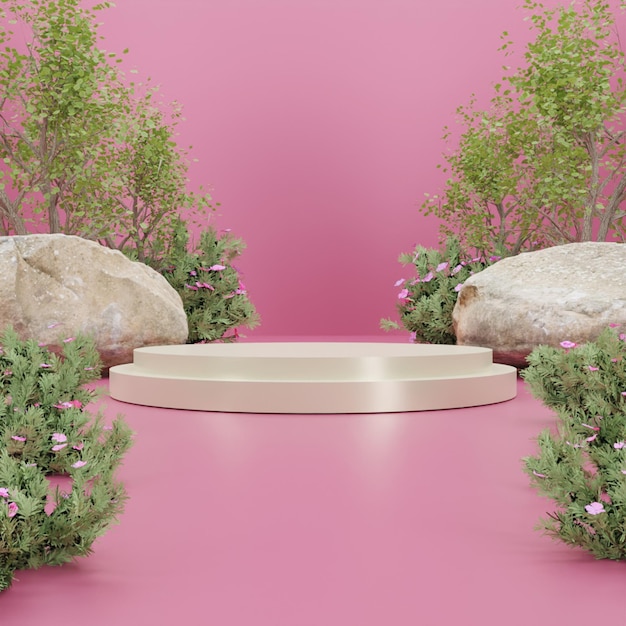 3D rendering minimalist gold podium on pink background. Realistic render