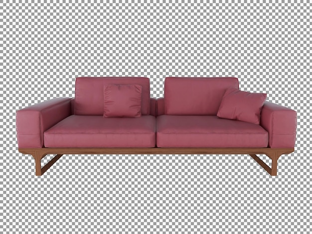 Rendering 3d di un divano in tessuto rosso minimalista con interni in legno isolati