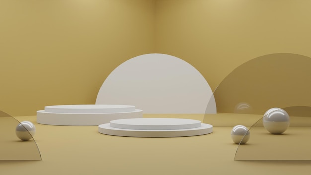 Rendering 3d podio bianco minimalista su sfondo giallo