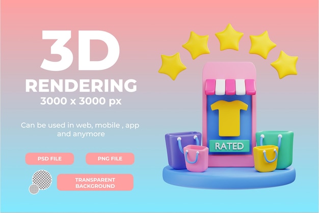 PSD 투명 배경으로 3d 렌더링 모바일 상점 및 쇼핑백 그림 개체